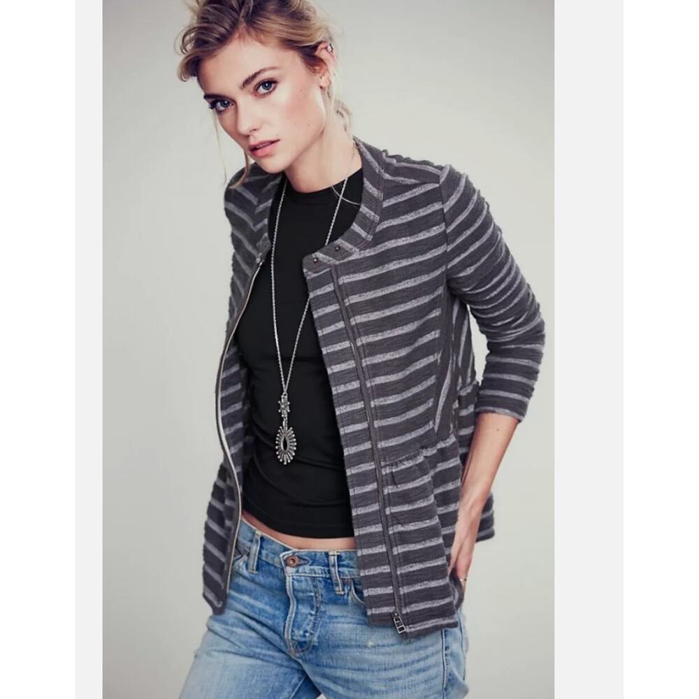FREE PEOPLE gray textured jacket striped peplum sz S